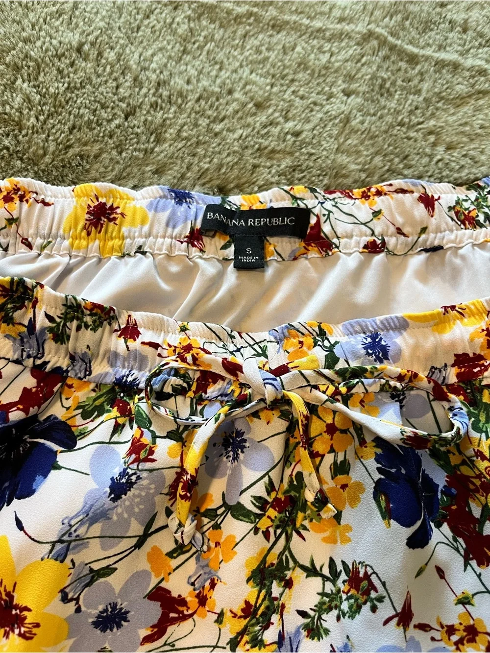 Banana Republic Floral Smocked Mini Skirt - Pockets Cream, Blue & Yellow